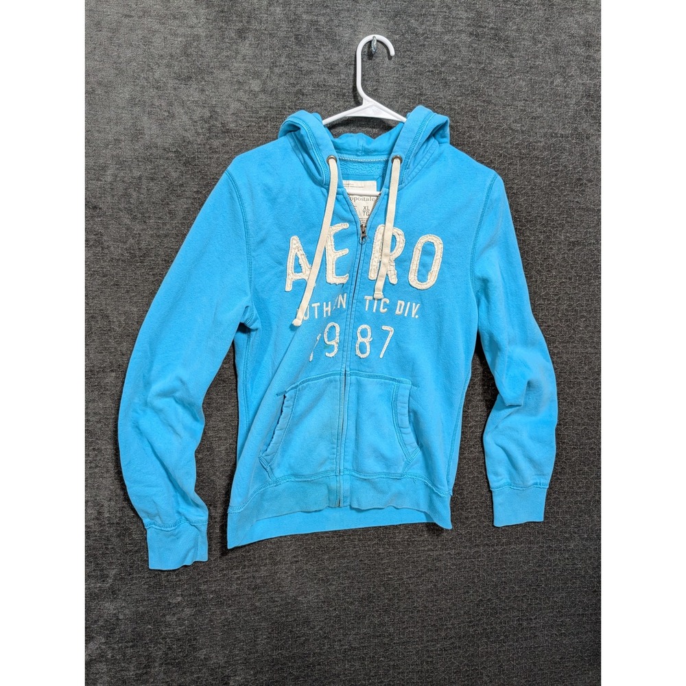 Aeropostale Full Zip Hoodie Cyan Blue Graphic Logo Sweatshirt XL 1987 Authentic